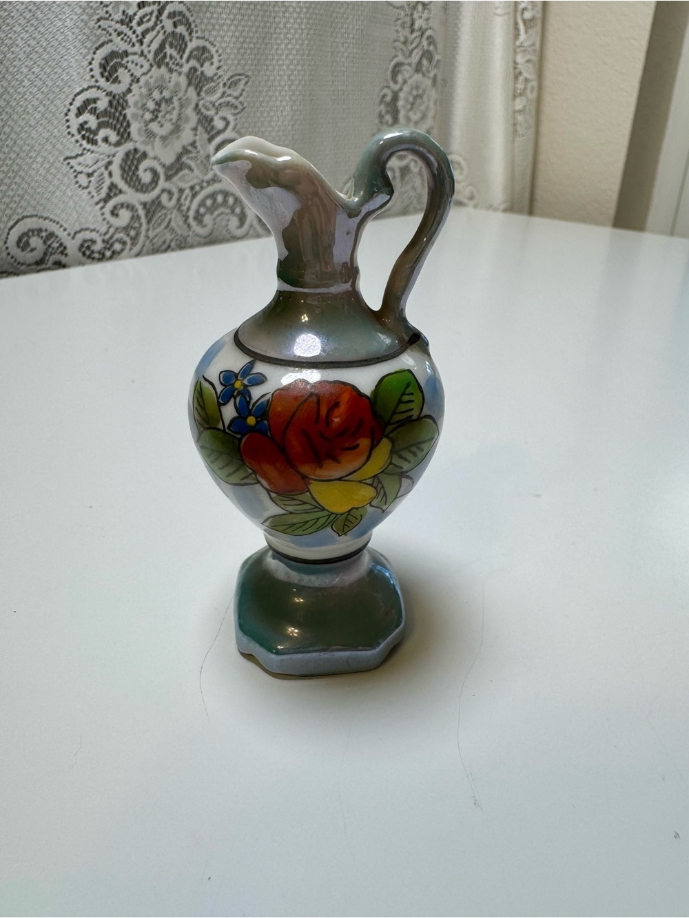 Vintage Hand-Painted Ceramic Pitcher Vase with Floral Motifh/ Made in Japan